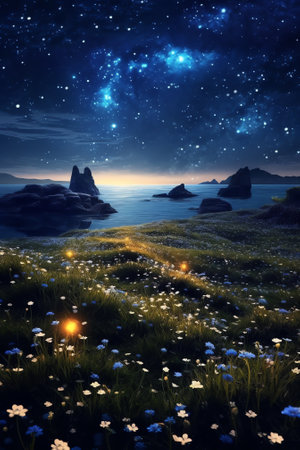 Generative AI : Front view of arched rocky formation near blooming flowers under starry night sky in icelandの素材