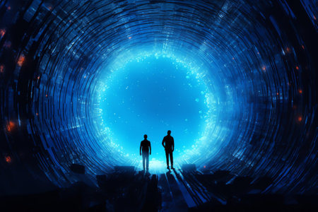 Generative AI : Crew of two astronauts standing in the tunnel looking at the the planet Earth and milky way galaxy High tech concept of Moon colonization and space travel Elementsの素材