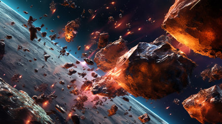 Generative AI : Asteroids or a meteorites flies in space against the background of nebulae and stars Science fiction art High resolution space background Elements of this image furの素材