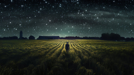 Generative AI : A silhouette of a man with a torch in a field looking at lights on the horizon on a moody misty night With a galaxy of stars overheadの素材