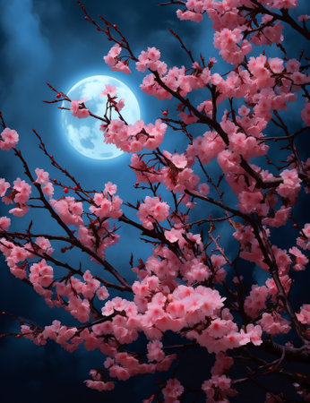 Generative AI : Beautiful cherry blossom sakura flowers with Milky Way star in night skies full moon Retro style artwork with vintage color toneElements of this moon image furnisheの素材