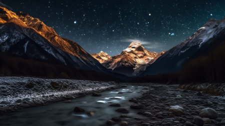 Generative AI : Beautiful night skyMountains rivers stars and the Milky Wayの素材