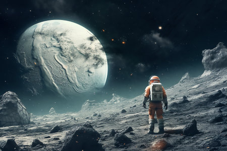 Generative AI : Astronaut and Moon surface in deep bright space Future Artemis mission from Earth planet on Moon satellite Spaceman Return of astronauts Elements of this image furnの素材