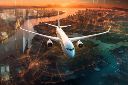 Generative AI : Flight routes airplanes connection and world map on laptop computer screen on table over cityscape on warm light sundown Airplane transportation network Elements ofの素材