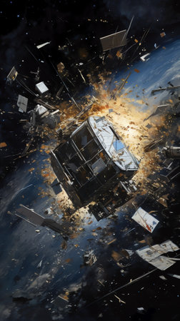 Generative AI : Collision of spaceships fire and destruction Traffic rules in space are not yet internationally regulated Elements of this image furnished by NASAの素材