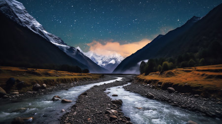 Generative AI : Arched Milky Way and mountains at night Beautiful landscape with bright milky way arch rocky path starry sky at night in Nepal Trail in mountain valley sky with staの素材
