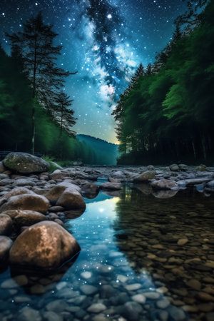 Generative AI : Beautiful night skyMountains rivers stars and the Milky Wayの素材