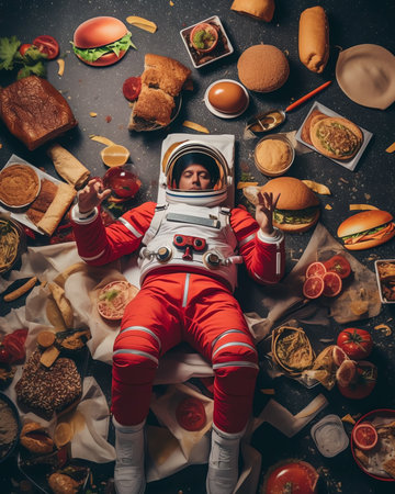 Generative AI : Astronauts in outer space with cheseburgers Elements of this image furnished by NASA Suitable for any purprose useの素材