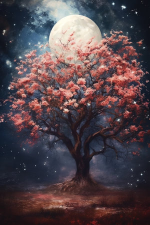 Generative AI : Beautiful cherry blossom sakura flowers with Milky Way star in night skies full moon Retro style artwork with vintage color toneElements of this moon image furnisheの素材