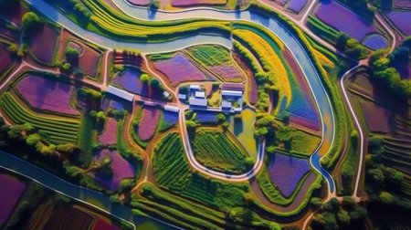 Generative AI : Aerial view of seaweed farms in South Korea Agriculture and cultivation concept Satellite view of agricultural field Elements of this image furnished by NASAの素材