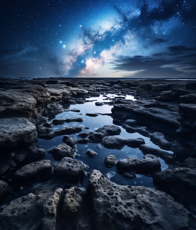 Generative AI : Front view of arched rocky formation near blooming flowers under starry night sky in icelandの素材