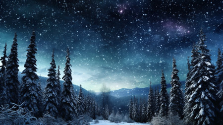 Generative AI : Forest on a mountain ridge covered with snow Milky way in a starry sky Christmas winter nightの素材