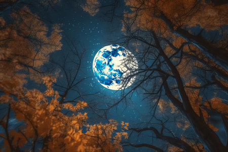 Generative AI : Full moon Stars super full moon Full moon with the background full of stars in the galaxy Horizontal photography Hunters Moon Photography 9 October 2022の素材