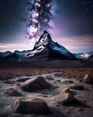 Generative AI : Acrhed Milky Way over beautifull rocks at starry night in summer in Dolomites Italy Purple sky with stars and bright milky way arch over high alpine rocky mountainsの素材