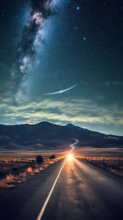 Generative AI : A road leading to distance in a mountain valley with milky way in the backgroungの素材