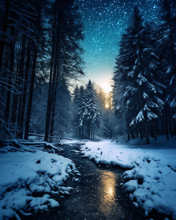 Generative AI : Empty night nature scene The night starry sky the rays of the blue neon spotlight Snowy winter night backgroundの素材