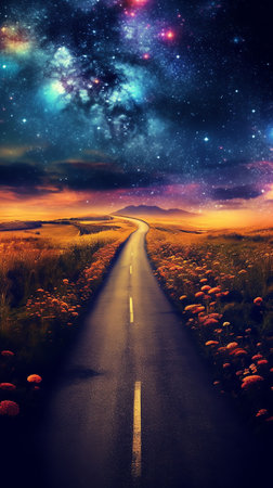 Generative AI : Arched Milky Way over the mountain dirt road in summer Beautiful night landscape with starry sky milky way arch trail in mountain village hills green grass and purpの素材