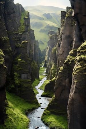 Generative AI : Front view of mulagljufur canyon with arched rocky formations surrounded by green trees growing under starry night sky located in icelandの素材