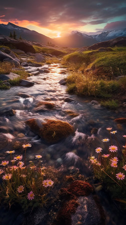 Generative AI : Front view of arched rocky formation near blooming flowers under starry night sky in icelandの素材