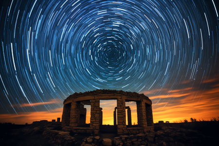 Generative AI : Circular Star trails facing north with Polaris the north star in centre and a silhouette human watching the stars moveの素材