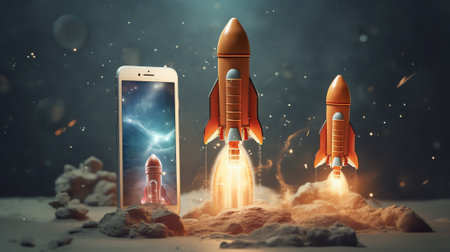 Generative AI : Futuristic Conceptual Photo Startup Concept Rocket Takeoff and Released from Digital Tablet to Space Mission to Moon Symbol of Successの素材