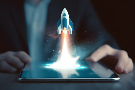 Generative AI : Futuristic Conceptual Photo Startup Concept Rocket Takeoff and Released from Digital Tablet to Space Mission to Moon Symbol of Successの素材
