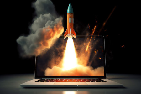 Generative AI : Futuristic Conceptual Photo Startup Concept Rocket Takeoff and Released from Digital Tablet to Space Mission to Moon Symbol of Successの素材