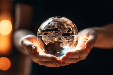 Generative AI : Glass globe in handEnergy saving concept Elements of this image furnished by NASAの素材