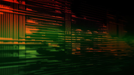 Generative AI : Futuristic glitch Color noise Digital distortion Lcd damage Blue orange green pixel grain artifacts texture on dark black abstract backgroundの素材