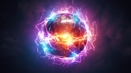 Generative AI : Futuristic space particles in bright round energy structure space orb VFX design element Abstract colorful lights background animation energy ray of power electricの素材
