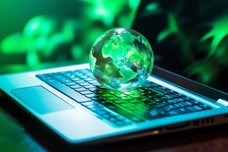 Generative AI : Glass globe on laptop keyboard Elements of this image furnished by NASAの素材