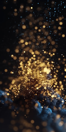 Generative AI : Glitter mist Color cloud Night sky Blue shiny sparkling particles smoke floating on dark black abstract art background with copy spaceの素材