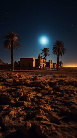 Generative AI : General view of the Merzouga hotels district with full moon Merzouga Sahara Morocco Elements of this image furnished by NASAの素材