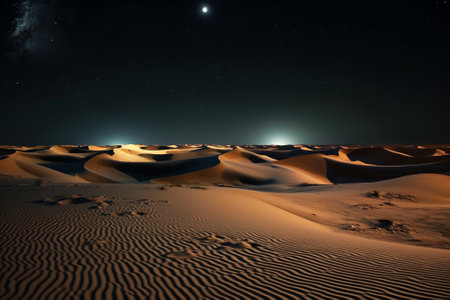Generative AI : General view of the Merzouga hotels district with full moon Merzouga Sahara Morocco Elements of this image furnished by NASAの素材