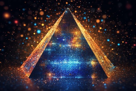 Generative AI : Glitter ink background Night sky Cosmic stardust Navy blue color gradient paint with pyramid radiance on dark black grain abstract textureの素材