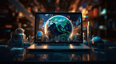 Generative AI : Glass globe on laptop keyboard Elements of this image furnished by NASAの素材