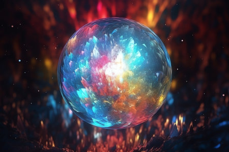 Generative AI : Futuristic space particles in bright round energy structure space orb VFX design element Abstract colorful lights background animation energy ray of power electricの素材