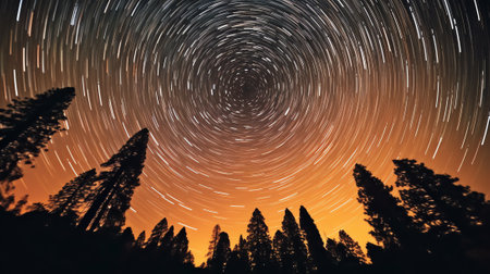 Generative AI : Long exposure star trails in the night sky against the background of tree crowns in the forestの素材
