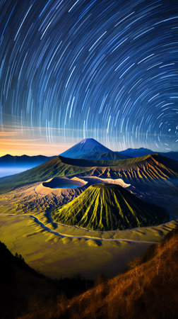 Generative AI : Milky way in misty sky over bromo indonesiaの素材