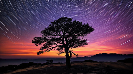 Generative AI : Night sky over lone tree with circular star trails centered and symmetrical compositionの素材