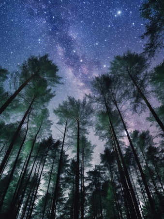 Generative AI : Starry sky over trees night star milky way Oldenburger Muensterland Goldenstedt Lower Saxony Germany Europeの素材