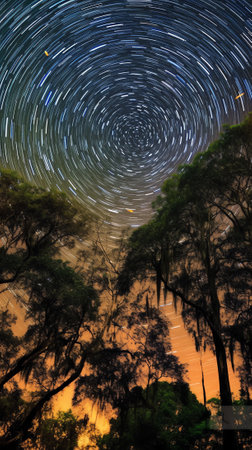 Generative AI : Long exposure star trails in the night sky against the background of tree crowns in the forestの素材