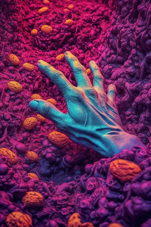 Generative AI : Sowing the molecules of life on alien planet Scifi collage with alien landscape and hands bringing bacteria Theory of the origin of life Elements of this image furnの素材