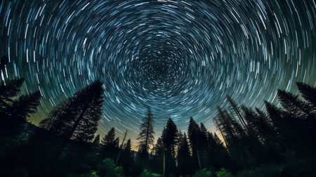 Generative AI : Long exposure star trails in the night sky against the background of tree crowns in the forestの素材