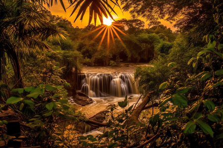 Generative AI : Sunset at the Irabia dam enjoying the Irati beech forest jungleの素材