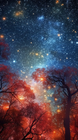 Generative AI : Starry sky over trees night star milky way Oldenburger Muensterland Goldenstedt Lower Saxony Germany Europeの素材