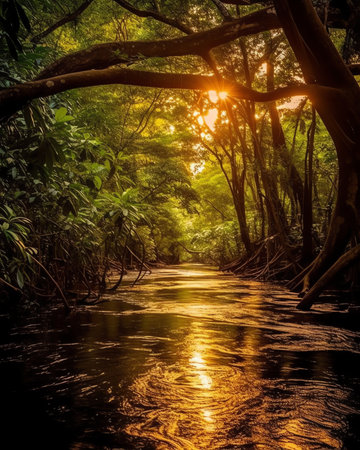 Generative AI : Sunset at the Irabia dam enjoying the Irati beech forest jungleの素材