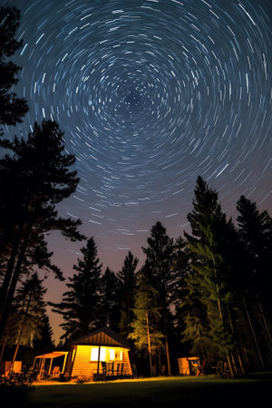 Generative AI : Long exposure star trails in the night sky against the background of tree crowns in the forestの素材