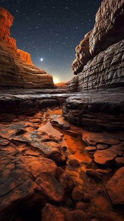 Generative AI : Low angle of arched rocky formation near green plants under starry night sky in icelandの素材
