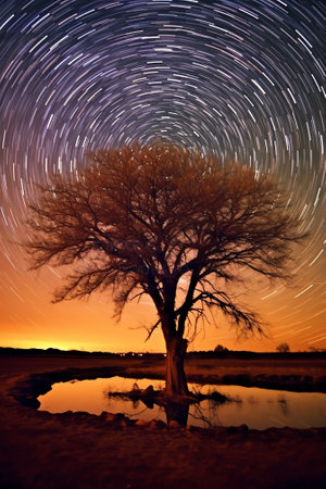 Generative AI : Night sky over lone tree with circular star trails centered and symmetrical compositionの素材